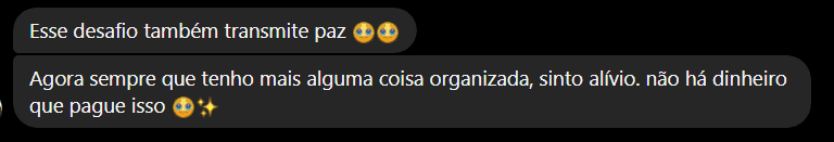 Mensagem de uma participante: Agora sempre que tenho mais alguma coisa organizada, sinto alívio.